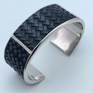 Chico’s Black Woven Leather Cuff Bracelet with Silver Frame & Crystal Accents